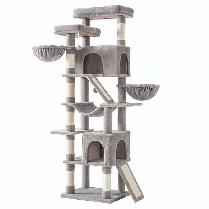 Arbre à chat 81,1 po en sisal gris clair à 11 niveaux avec condos et hamacs, 81.1'' H X 21.6'' W X 17.7'' D, Gris clair