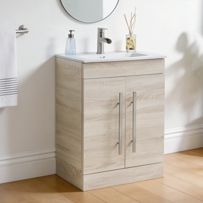 24'' Modern Free-Standing 2-Doors Single Bathroom Vanity With Ceramic Top, White, Brushed Nickel