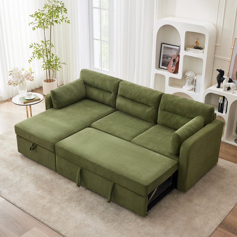 Canapé-lit modulaire en L de 92,5 po de large avec rangement en L, Velours côtelé vert