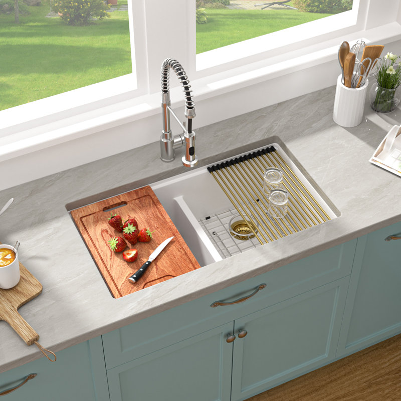 Quartz 33" L x 19" W 50/50 Double Bowl Grantie Composite Undermount Kitchen Sink Workstation Sink with Accessories, White