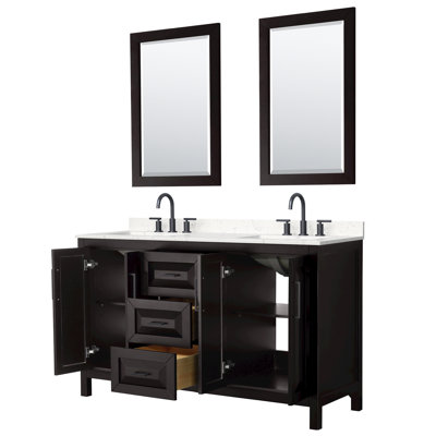 Meuble-lavabo double 60 po Daria en espresso foncé, comptoir en marbre de culture de Carrare, lavabos carrés encastrés (3 trous), garniture noir mat, miroirs de 24 po