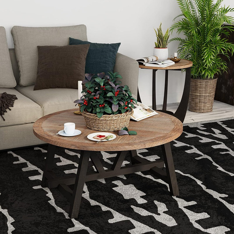 Johana Rustic Farmhouse Coffee Table with Geometric Base, Round French Country Accent Table
