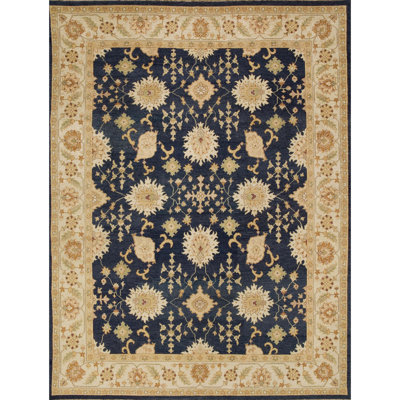 Tapis oriental rectangulaire en laine noué à la main bleu marine / beige / brun