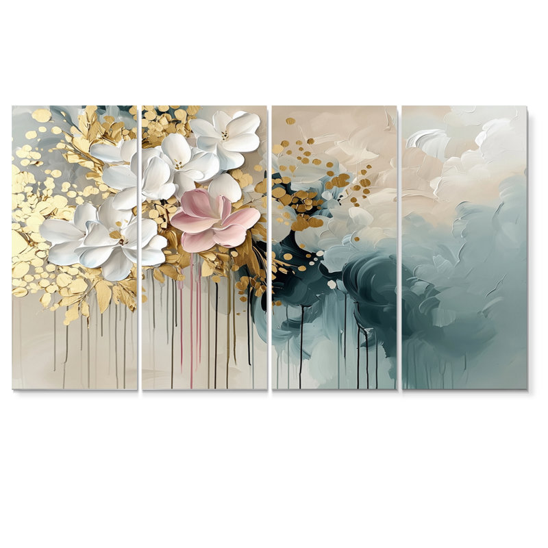 «Gold Floral Brushstroke», ensemble de décoration murale fleurs abstraites, H 28 po x l 48 po