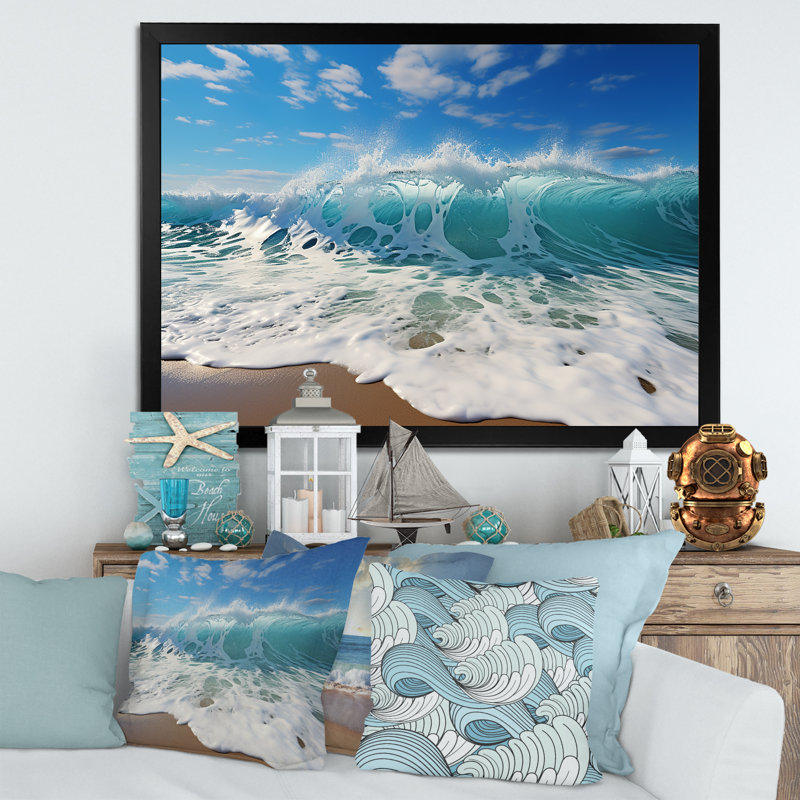 «Turquoise Power Of Ocean Wave» - Impressions sur toile nautiques et de plage, Cadre photo noir, H 12 po x l 20 po x P 1 po
