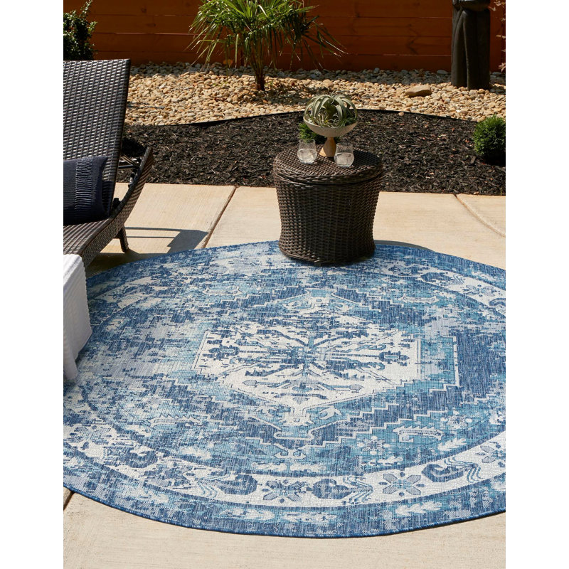 Tapis d'intérieur / extérieur bleu Susan, Rond 7 pi 10 po