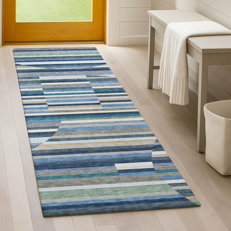 Machine Washable Indoor/Outdoor Chantille ACN2600 Stripes Rug, 2'3" x 7'6" Runner, Navy