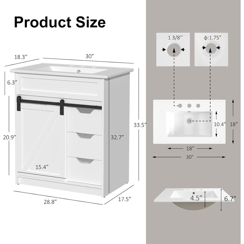 30" Farmhouse Single Sink Bathroom Vanity Set, Freestanding with Barn Door & 3 Drawers, White, Triple