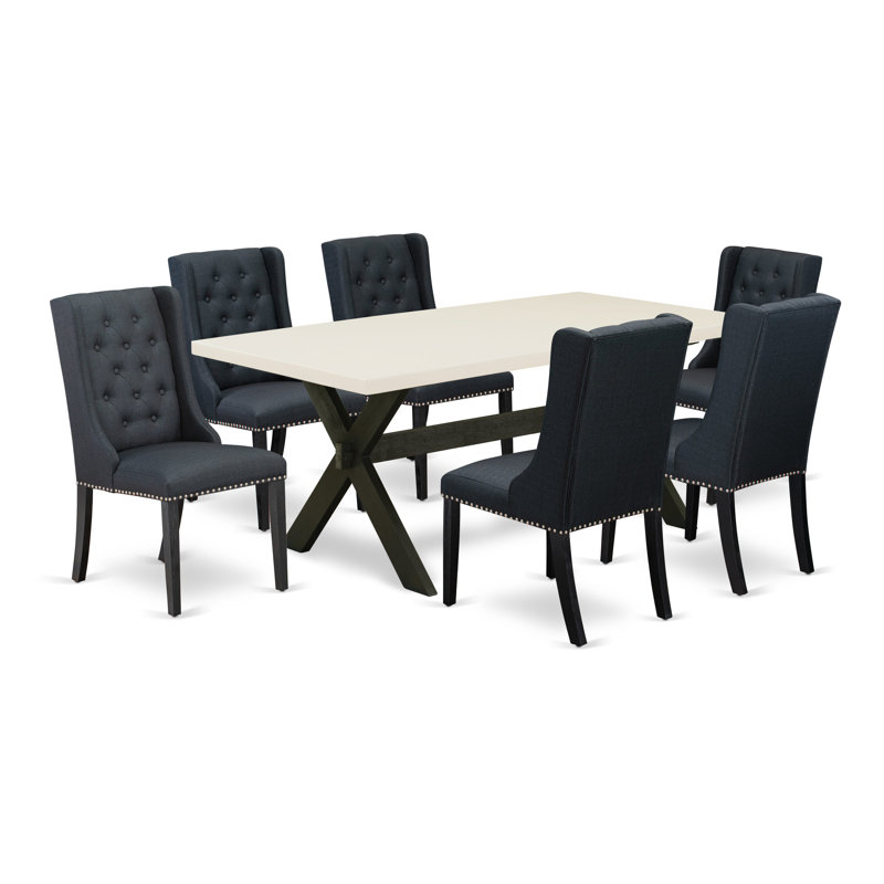 Ensemble de table de salle à manger 7 pièces comprenant une table de cuisine rectangulaire avec pieds en X et 6 chaises de salle à manger Parsons en tissu noir, noir brossé