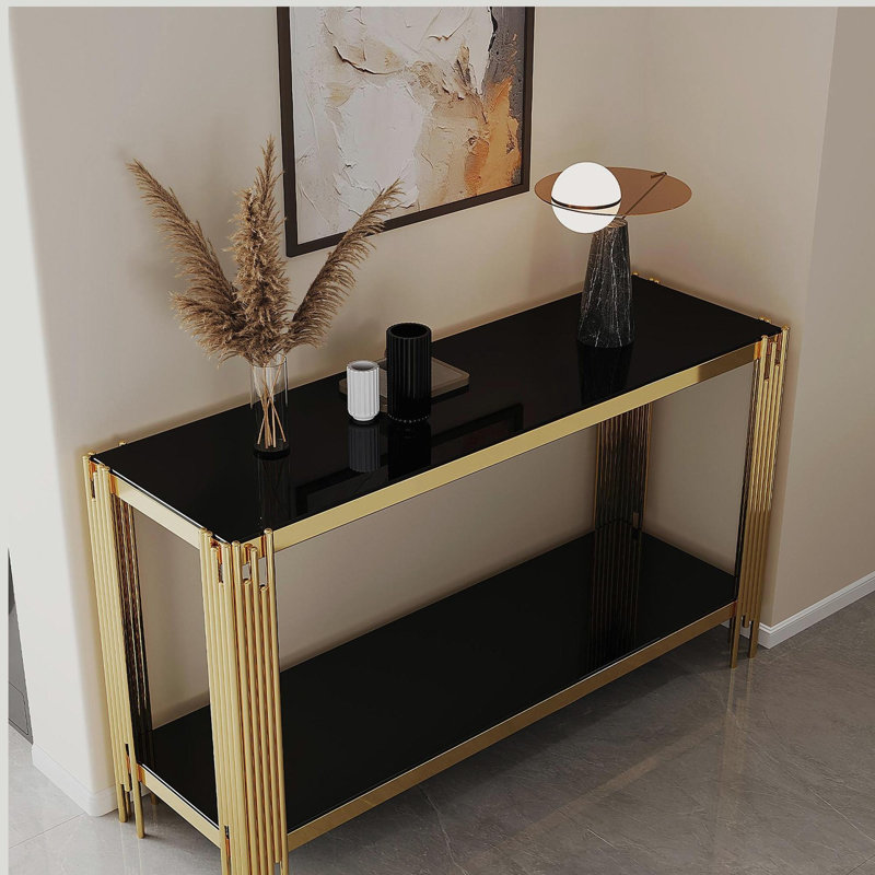 Console supérieure et inférieure en verre trempé à double couche et cadre en acier inoxydable à finition miroir, Noir, Doré