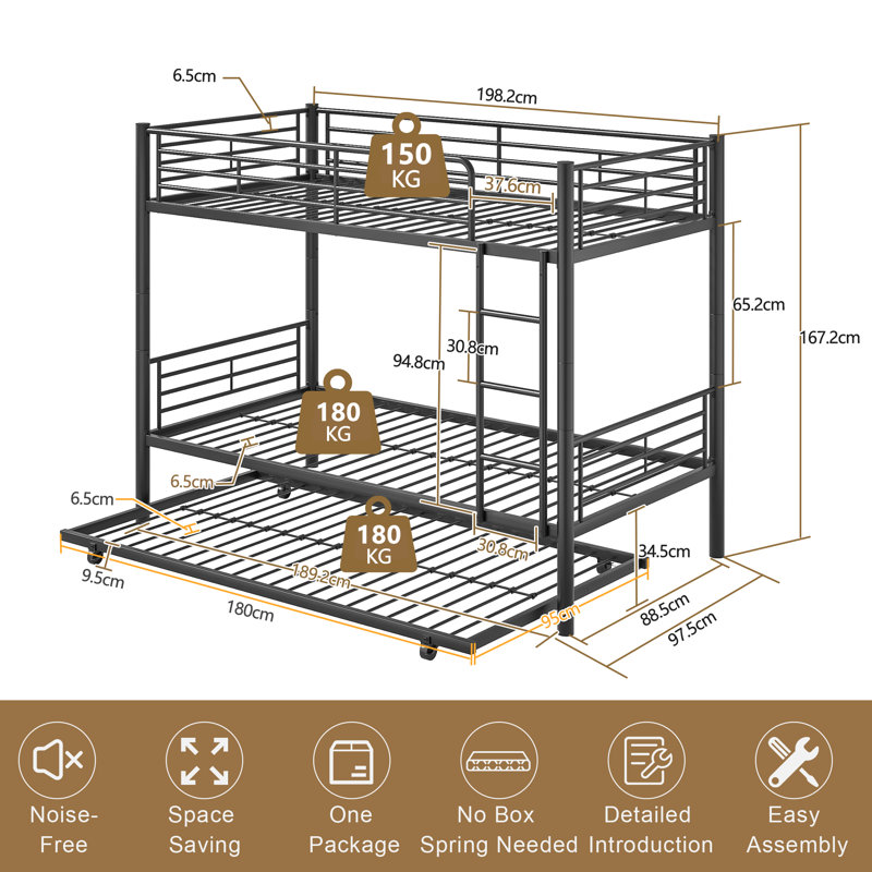 Single(3') Bunk Bed With Trundle Bed, Single Over Single Loft Bed Frame With Ladder And Safety Guardrail, Home Bedroom Dormitory Space-Saving Twin High Sleeper Beds