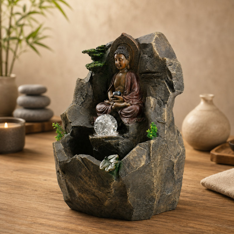 Fontaine de table de Bouddha de 15 pouces avec orbe en verre DEL, fontaine en résine