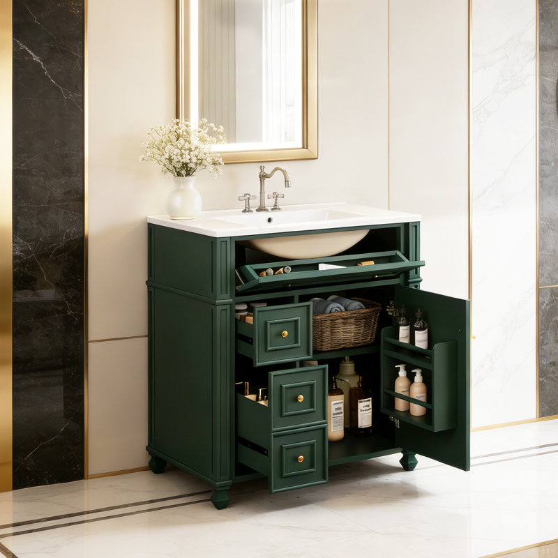 30 Inch Bathroom Vanity Cabinet With Ceramic Sink,Soft Close Doors & Door Organizer Storage, Green