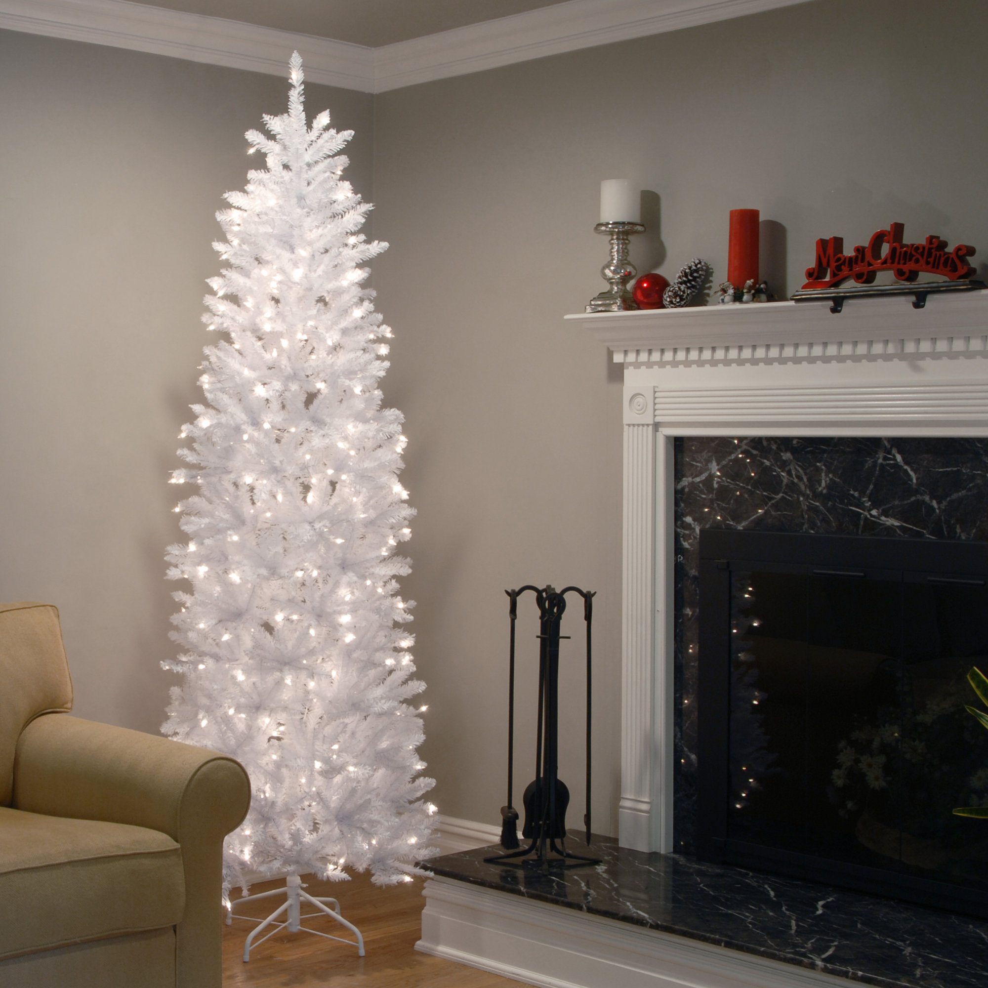 The Holiday Aisle® Kingswood Fir White Pencil Tree with Clear Lights, 9'