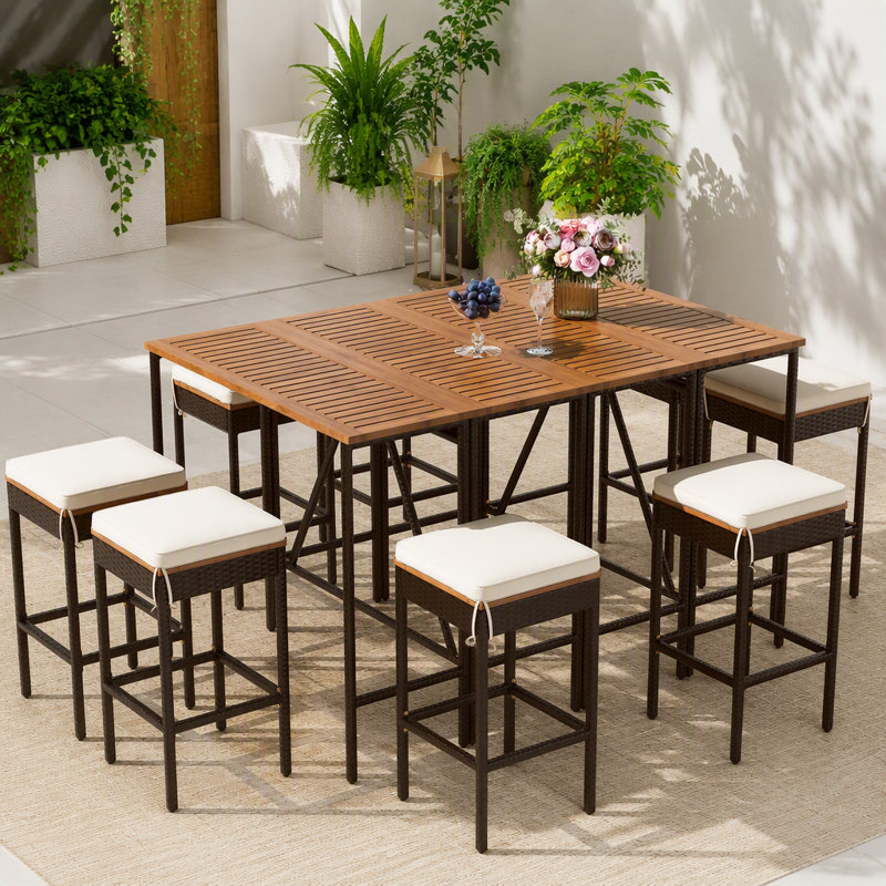 10-Piece Outdoor Wood Bar Height Table And 8 Stools Garden PE Rattan Wicker Dining Table High-Dining Bistro Set