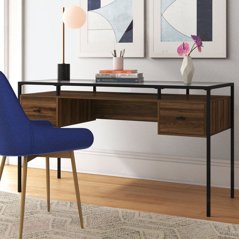 Glass Top Writing Desk, Dark Walnut