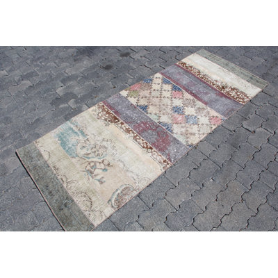 Handmade Beige Patchwork Turkish Rug - Antique Vintage Runner for Hallways and Home Decor