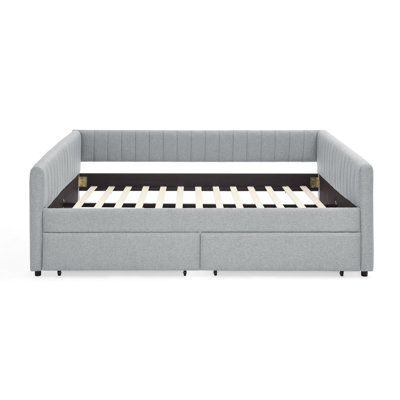 Beige Linen Queen Size Upholstered Daybed with Trundle and 2 Drawers, Vertical Channel Tufted Sofa Bed, 86.5'' L x 65'' W x 30'' H
