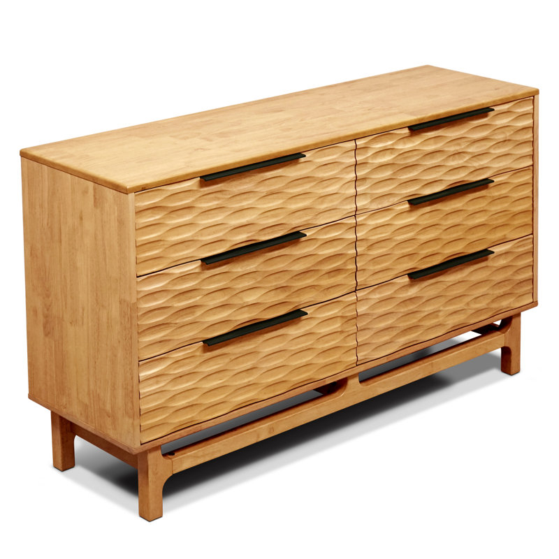 Commode 6 tiroirs en bois massif avec façades ondulées à commande numérique, large commode de rangement Mid-Century moderne, finition chêne