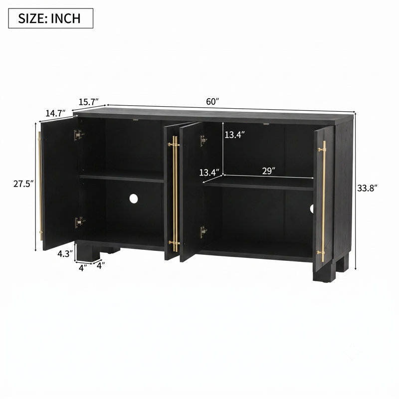 Buffet 60 "en bois avec tablettes réglables et poignées dorées, noir, Noir