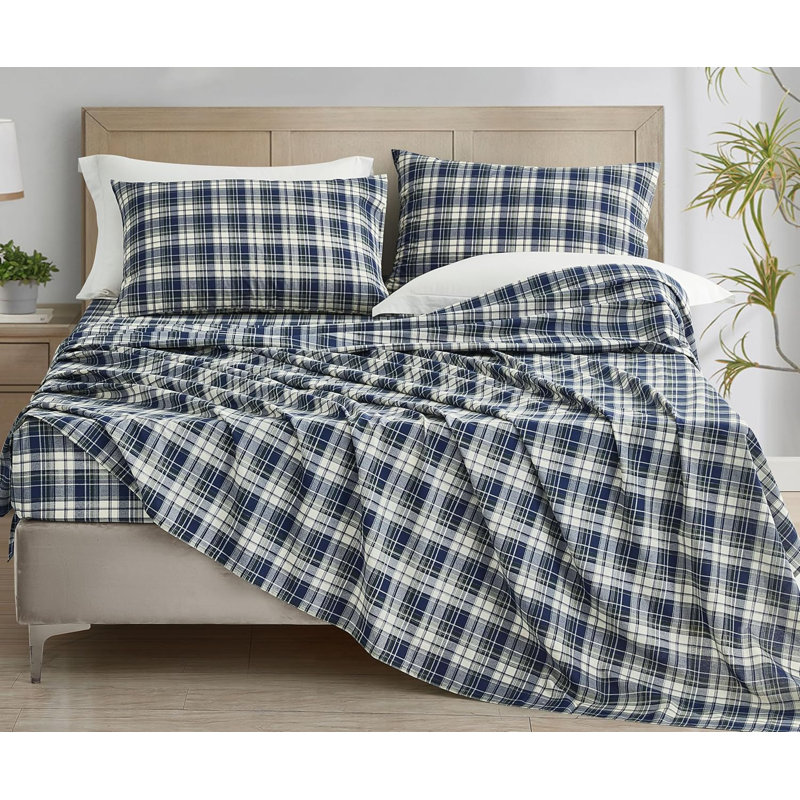 Chad Plaid Printed Cotton Bed Sheet Set, Queen Sheet Set with 2 Standard Pillowcases