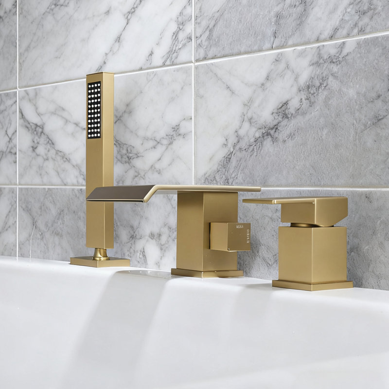 Robinet de baignoire romaine à fixation sur le comptoir en laiton massif avec douche à main, Or brossé