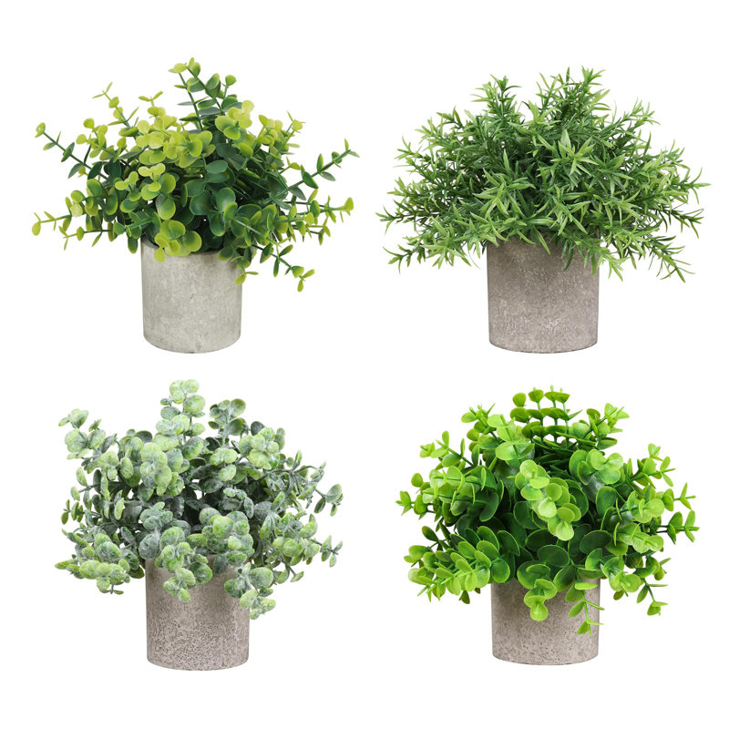 Set of 4 Artificial Potted Plants – Realistic Mini Eucalyptus, Rosemary, and Sage – Faux Greenery in Small Modern White Pots – Easy Care Indoor Decoration for Home, Office, Bedroom, or Bathroom