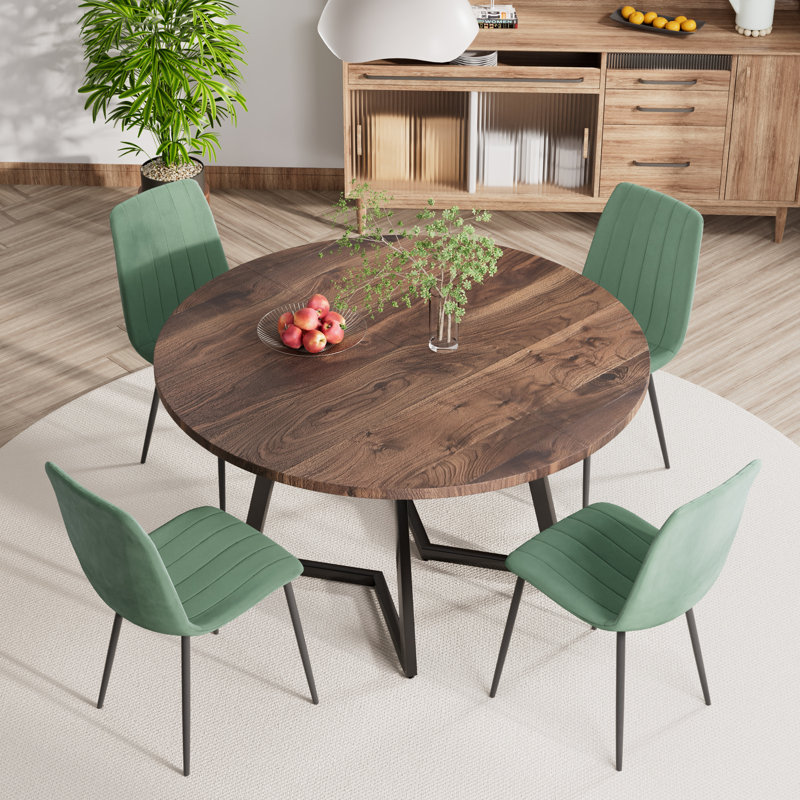 Ensemble de table de salle à manger ronde avec chaises en tissu d'ameublement en velours, 5, Noyer, Vert
