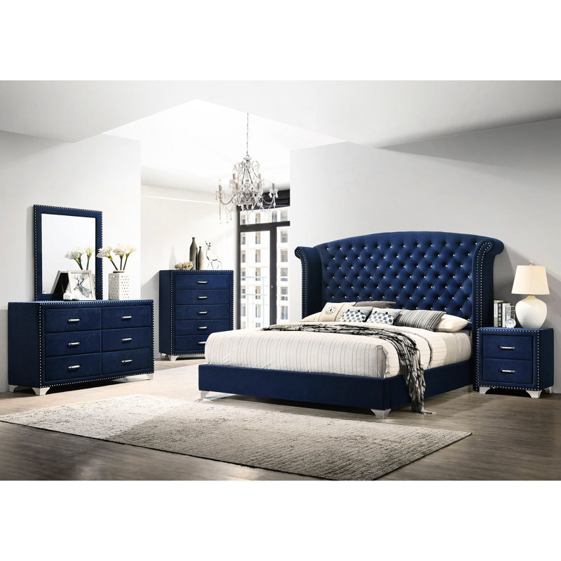 Lit à oreilles tapissier très grand, bleu pacifique, haut dossier, revêtement et pieds en métal pour lit de chambre à coucher à l'arrière