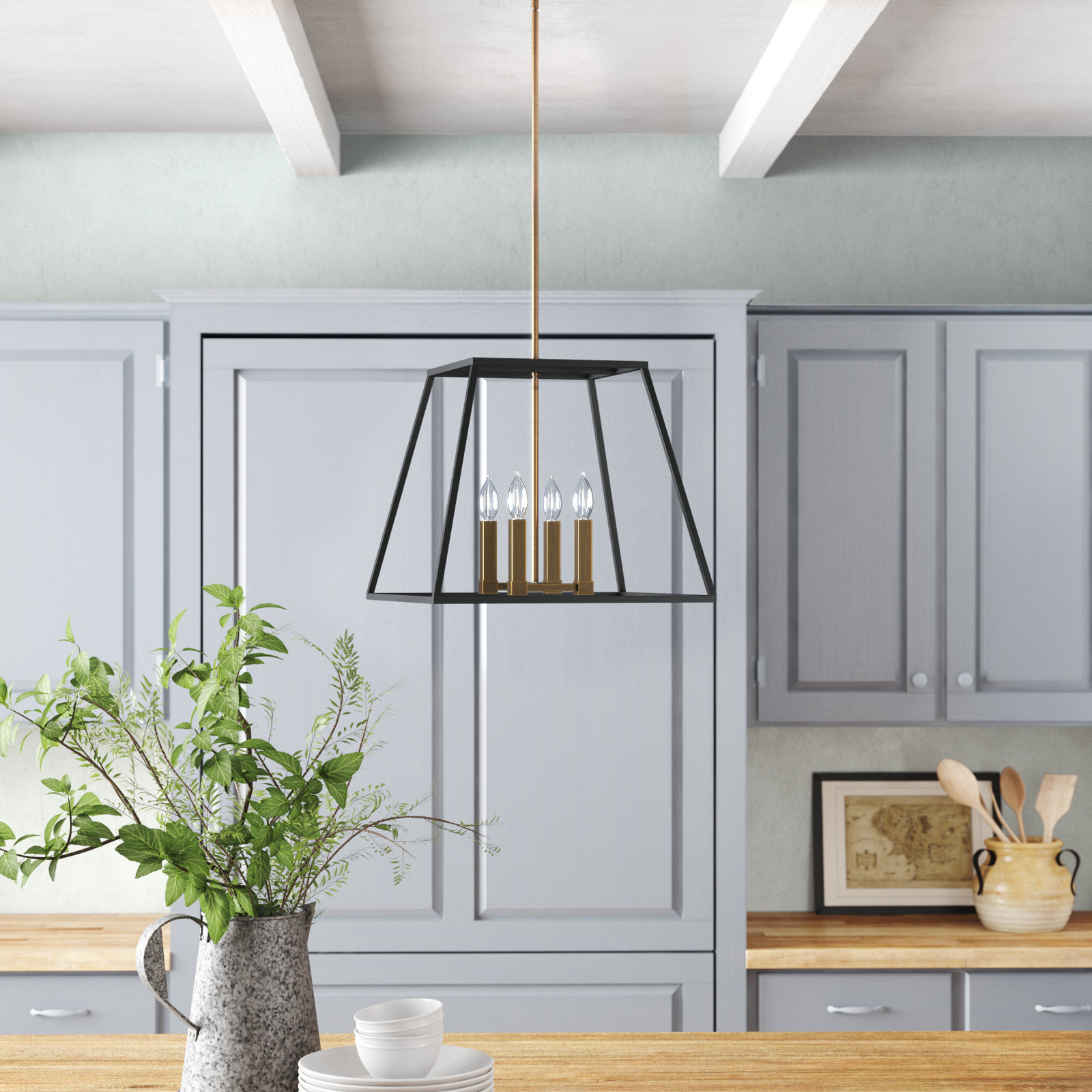 4 Light Steel Dimmable Pendant, 16.25" H x 18" W x 18" D