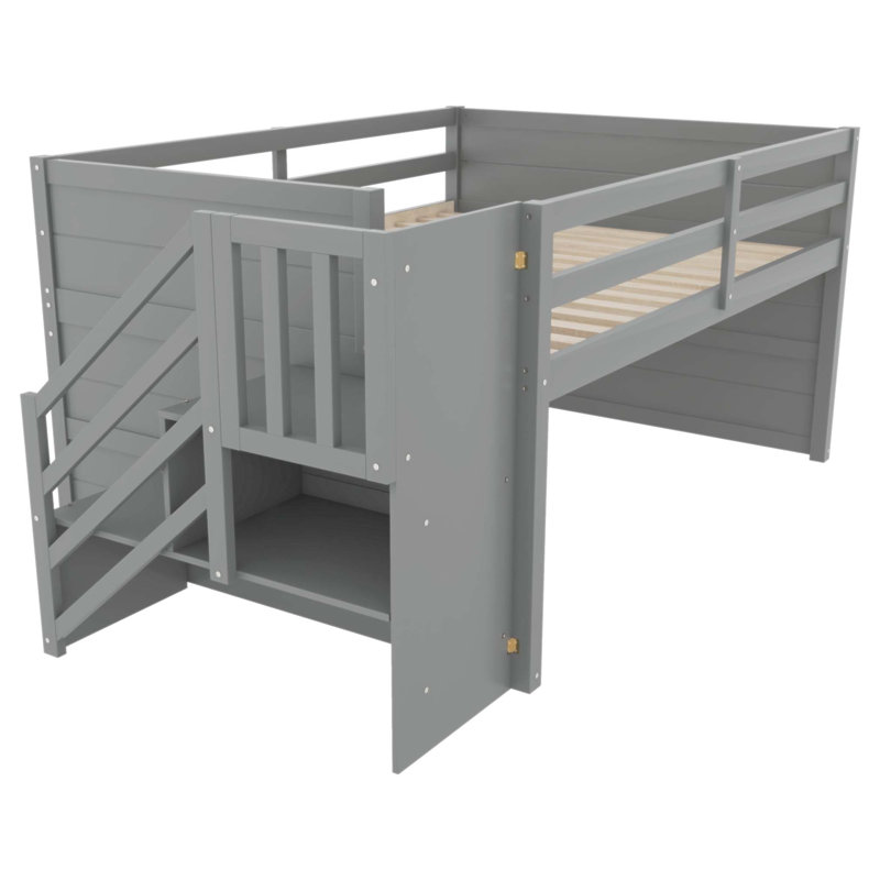 Structure de lit mezzanine basse en bois massif avec escalier intégré, tiroir de rangement et tablette pour chambre d'enfant, conception peu encombrante et multifonctionnelle (sans matelas)