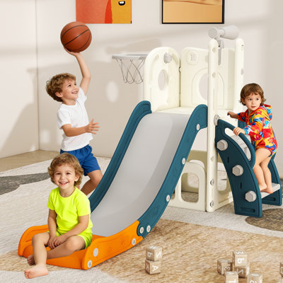 Toddler slide and climber for ages 1-3, L-shaped indoor outdoor playset with basketball hoop, storage, and telescope