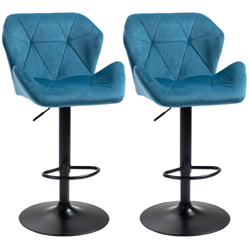 HOMCOM Set Of 2 Luxurious Velvet-Touch Bar Stools Metal Frame Footrest, Blue