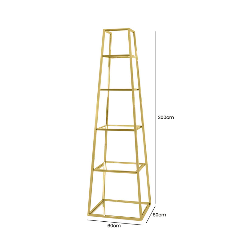 Azemine 200cm BookShelf for Living Room Furniture, 5 Tier Metal Ladder Bookcase with Gold Finish