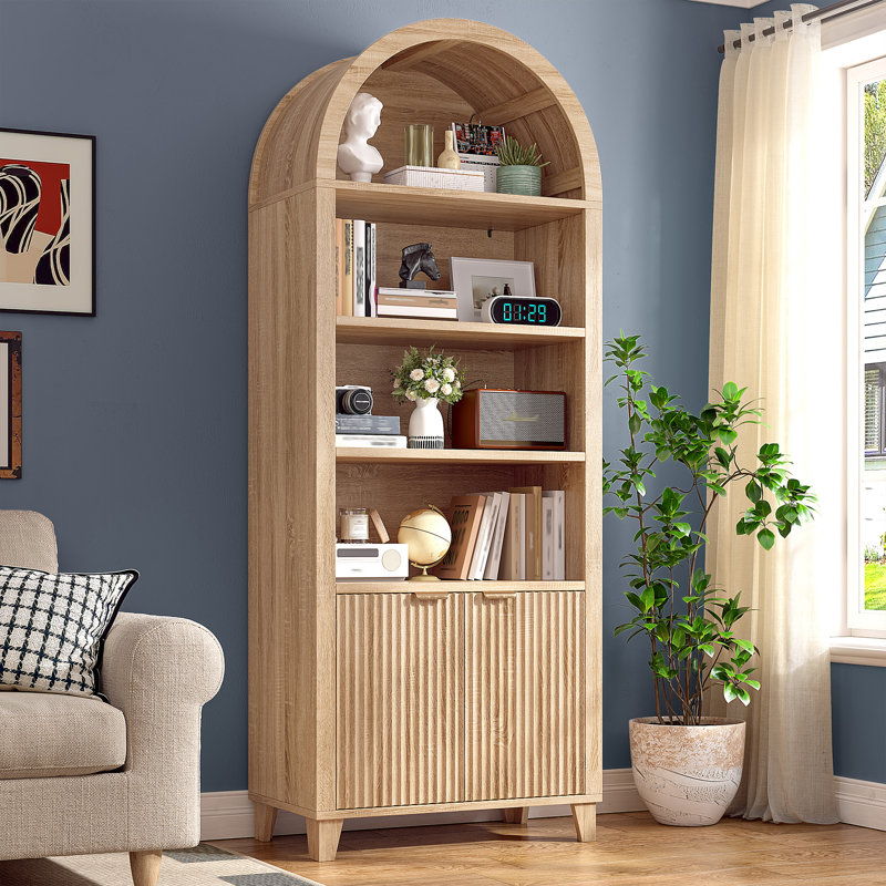 Storage Bookcase/Arched Cabinet With Fluted Doors & Adjustable Shelves – Entryway, Living Room, Light Brown