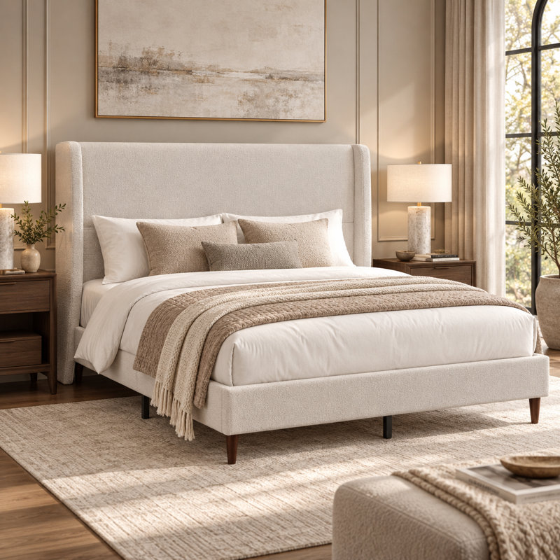 Lit plateforme tapissier en chenille ivoire Charlotte avec tête haute et pieds en bois massif, King, Ivory White