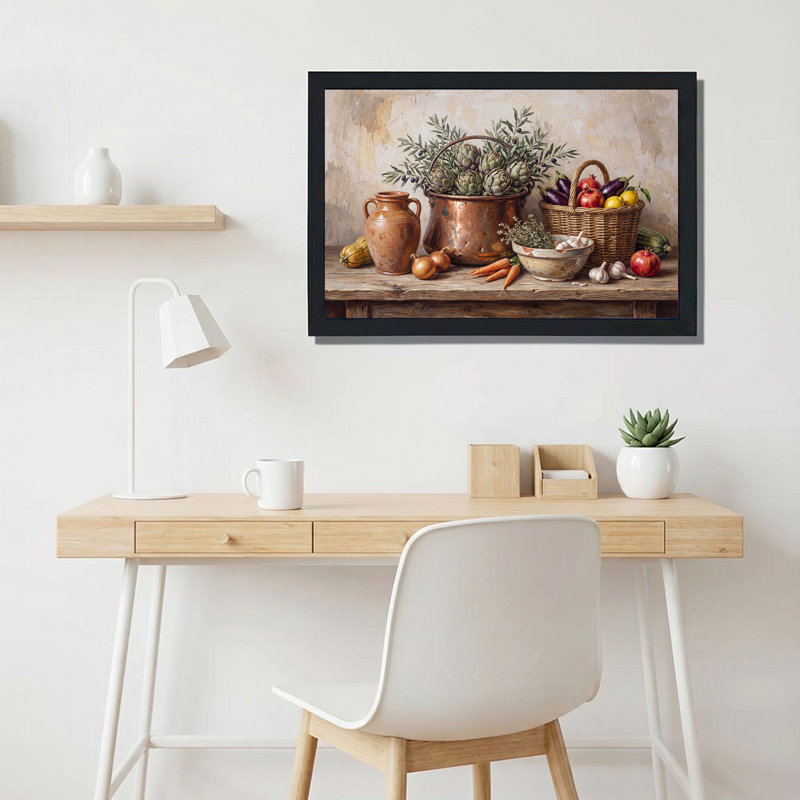 Nature morte des légumes et des fruits dans un pot en cuivre, tableau sur toile, H 16 po x l 24 po