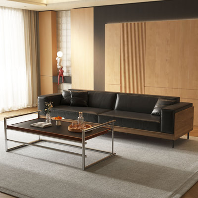 2-piece Modern Living Room Set, 106.3" Black Faux Leather Sofa With Walnut Accents & Dual-height Chrome Coffee Table