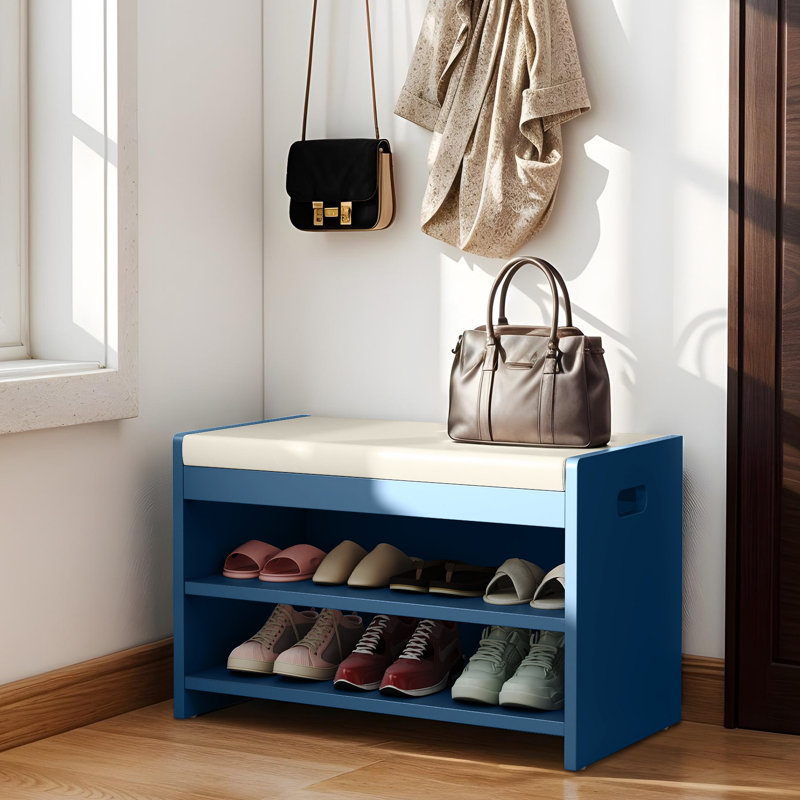 6 Pair PU Shoe Bench With Handle, Blue/Beige