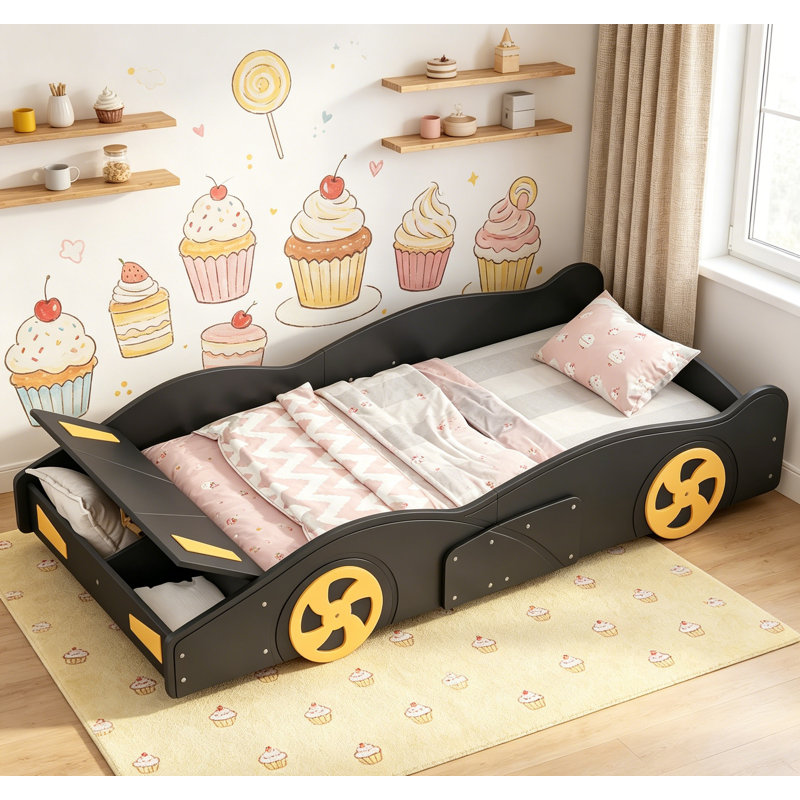 Lit plateforme simple en forme de voiture de course avec roues et rangement, durable et attrayant pour les chambres d'enfants