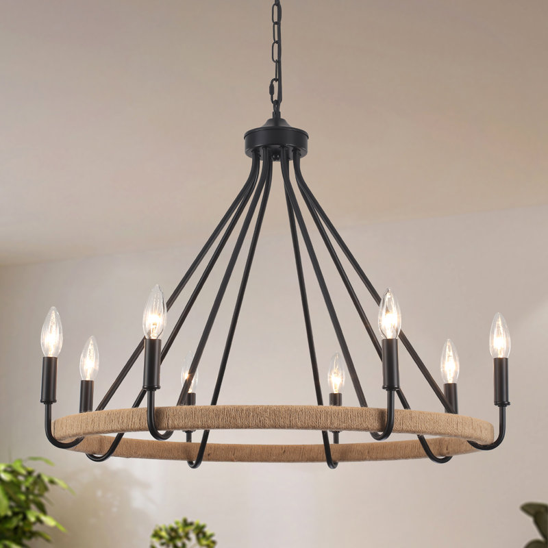 8-light Dimmable Wagon Wheel Rattan Chandelier, Matte Black, 8 Lights