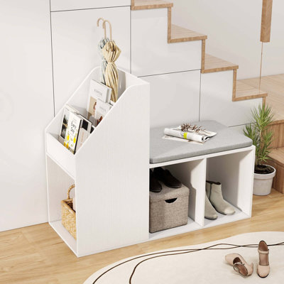 Banc de rangement pour chaussures avec coussin de siège amovible et 3 compartiments de rangement latéraux
