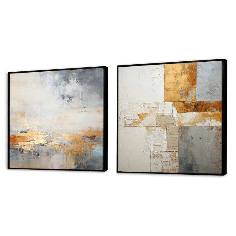Minimalisme beige et doré vague horizon I - collages abstraits carrés, ensemble de 2 collages, Cadre flottant noir