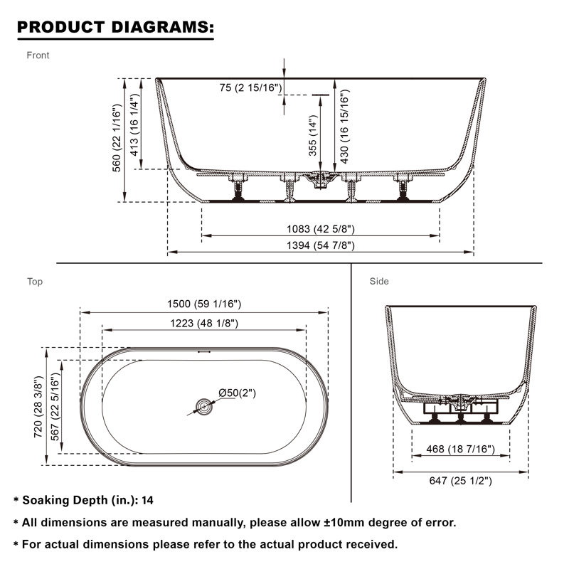 60'' W,67 GALLONS Freestanding Acrylic Soaking  Bathtub With Drain And Overflow Holes