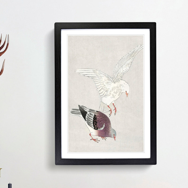 Two Pigeons by Ohara Koson - Picture Frame Painting Print, 36cm H x 27cm W x 2cm D, Black Framed