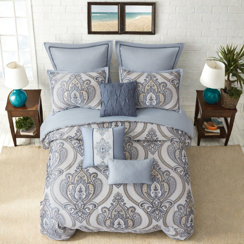 Ensemble de literie complet/queen, en polyester jacquard bleu, élégant pour chambre à coucher