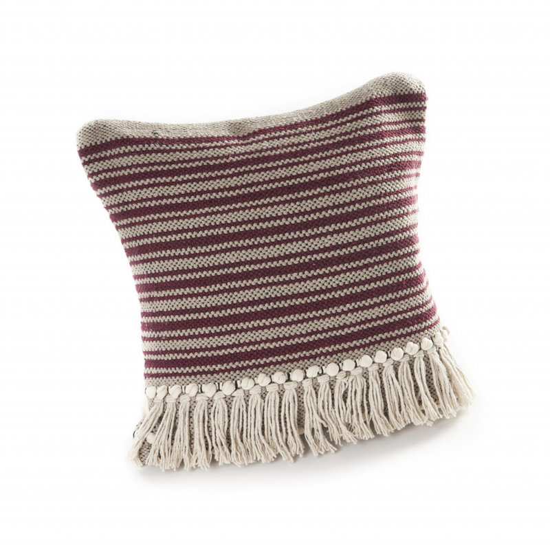 Over-Tufted Striped Fringed Cotton Throw Pillow Cover, Polyester