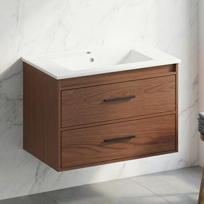 30" Wall Mounted Bathroom Vanity with Double Drawers, Soft-Closing Slides, Integrated Ceramic Basin, Space-Saving Suspension Design