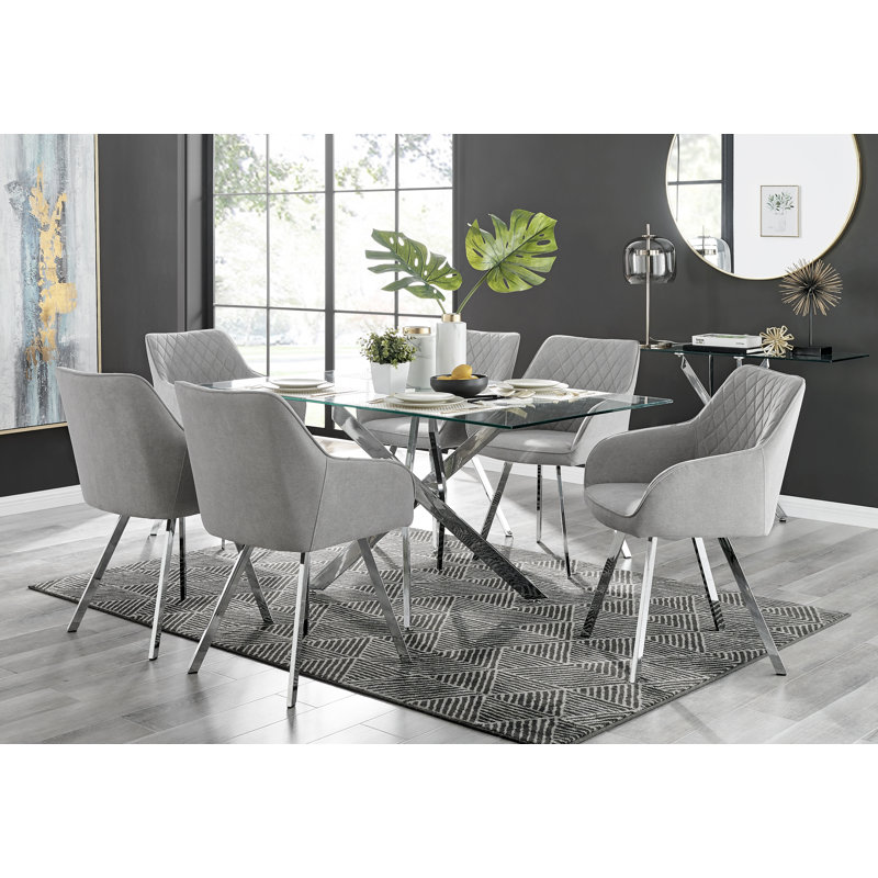 Lenworth Chrome and Glass Rectangular Dining Table Set with 6 Luxury Upholstered Fabric Chairs