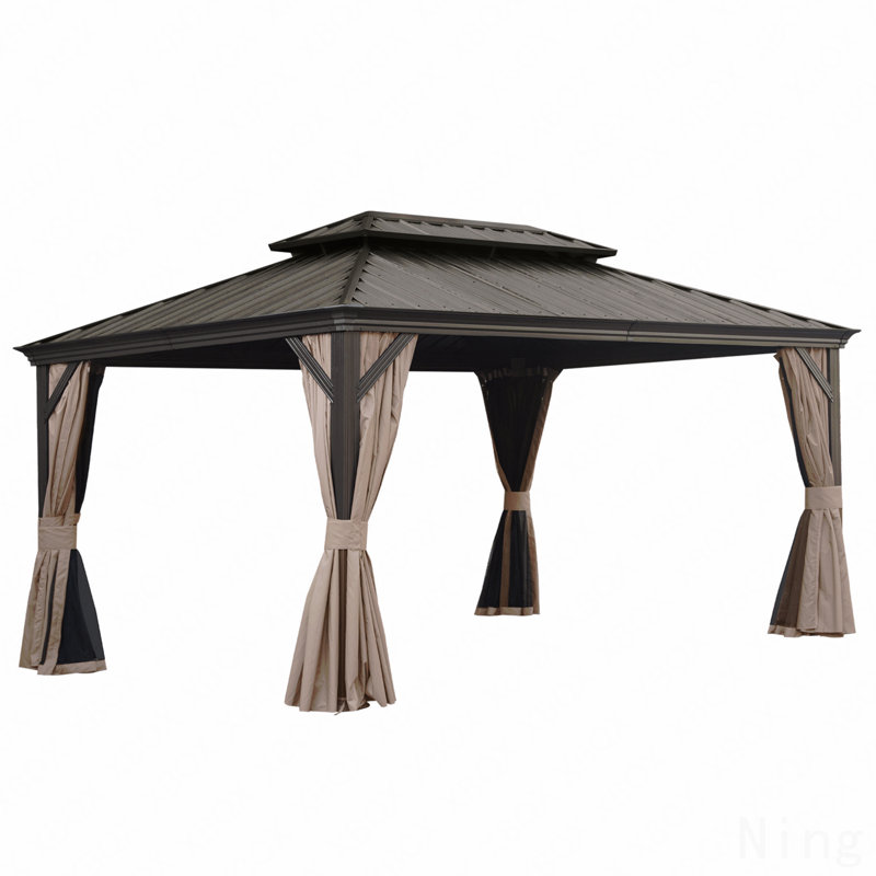 12X16FT Gazebo Metal, Mosquito Net For Outdoor Use With Galvanized Steel Double Roof & Drainage System (Brown), Brown